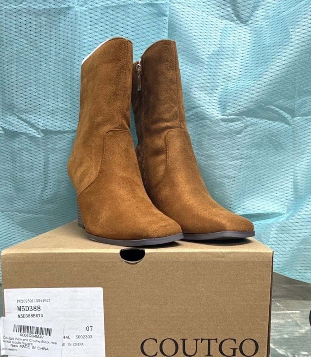 Coutgo Ankle Boots Size 7 Brown Suede Chunky Block Heel Square Toe